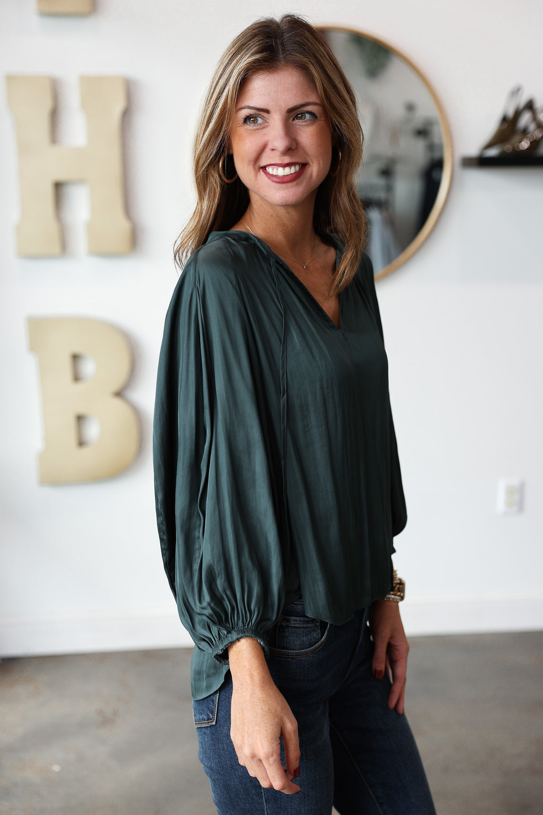 Tie Neck Satin Top - Forest Green