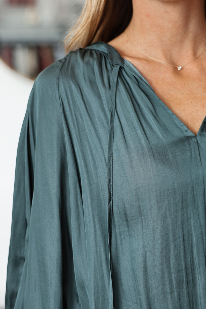 Tie Neck Satin Top - Forest Green
