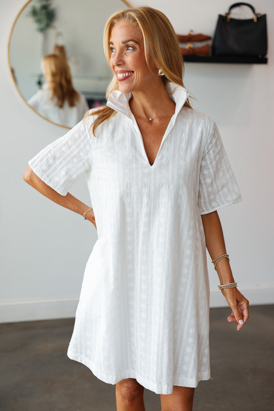 Ruffle Collar Textured Dress - White