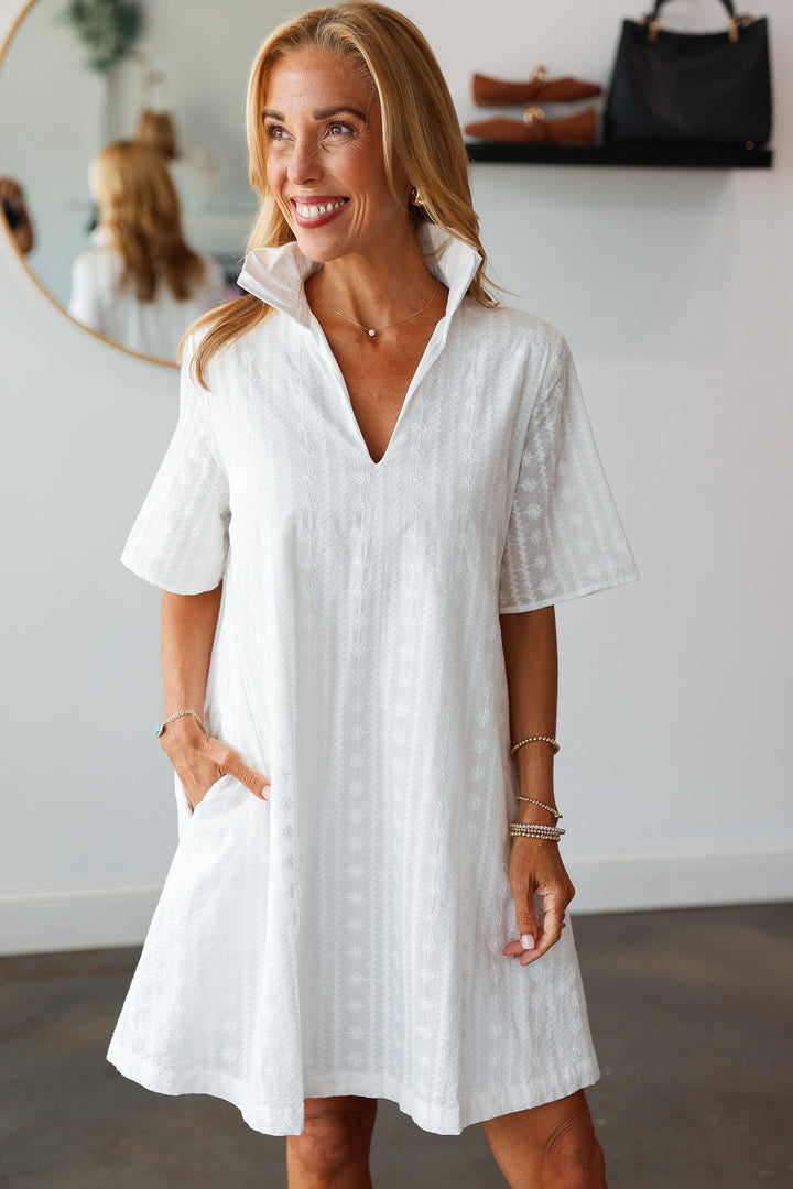 Ruffle Collar Textured Dress - White