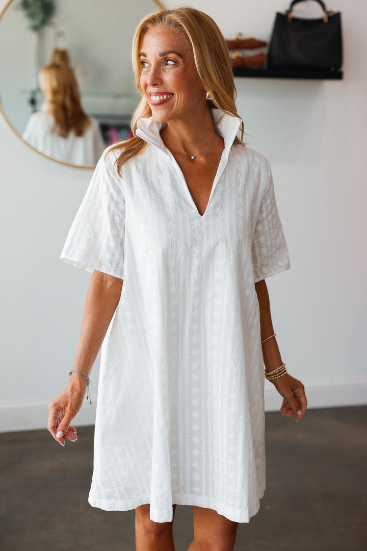 Ruffle Collar Textured Dress - White