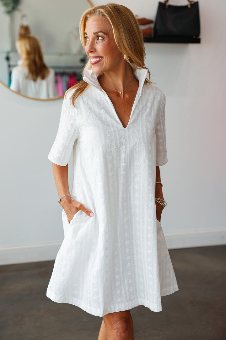 Ruffle Collar Textured Dress - White
