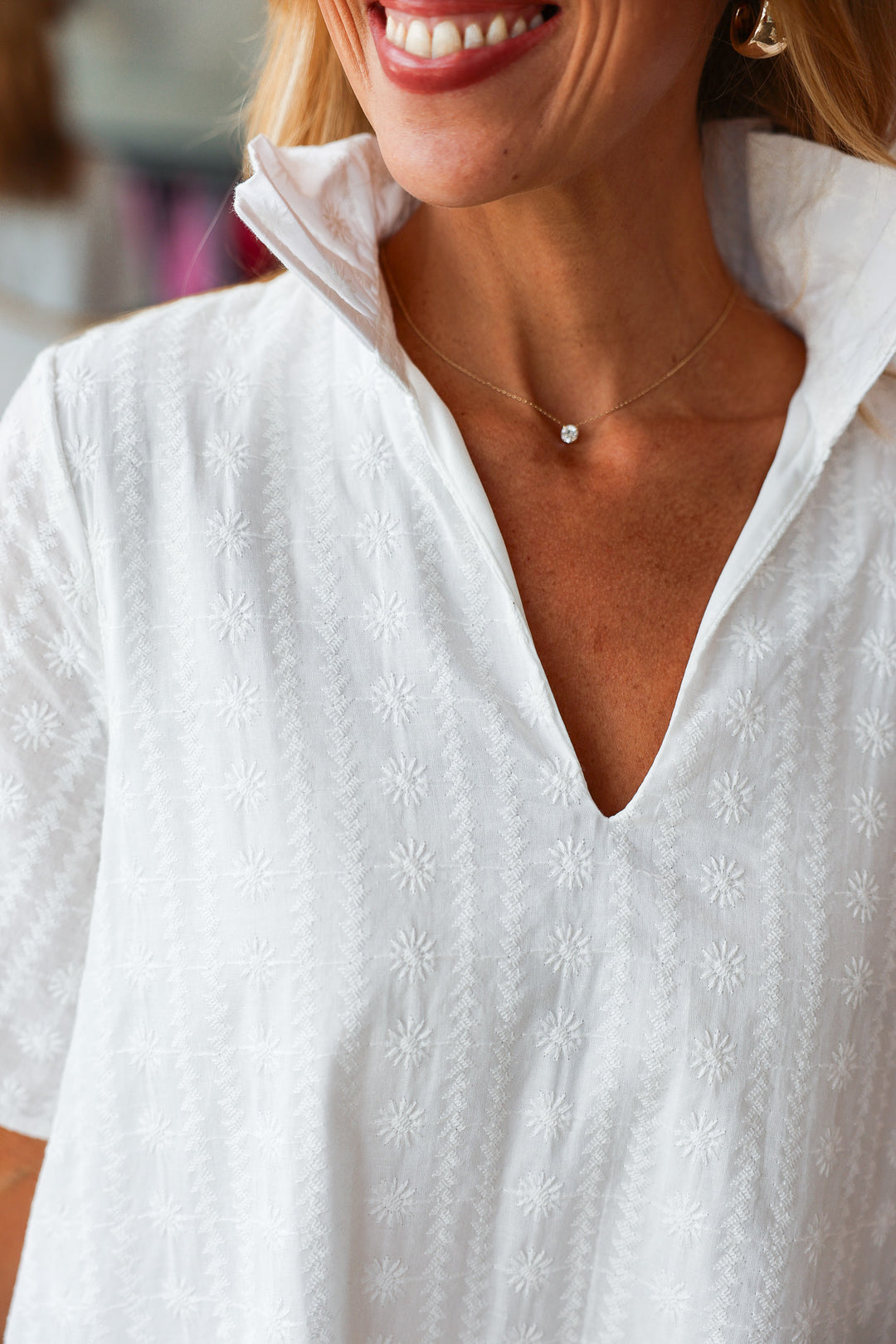 Ruffle Collar Textured Dress - White