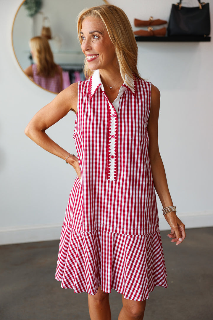 Gingham Ruffle Hem Dress - Red