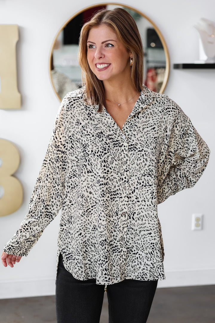 Animal Print Button Down - Charcoal