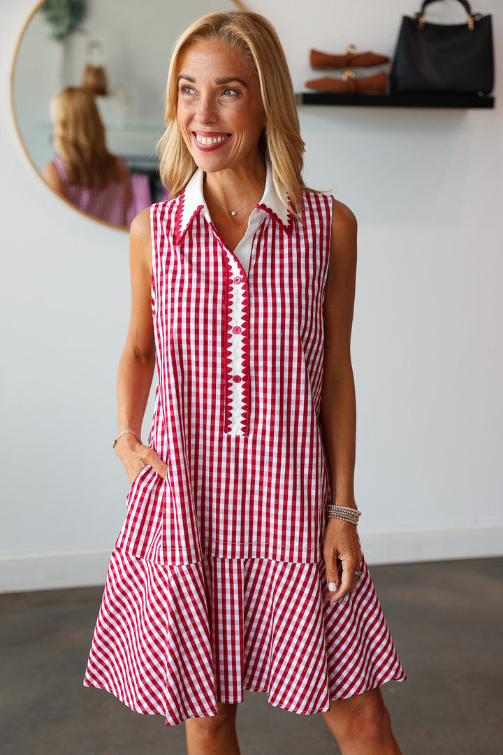 Gingham Ruffle Hem Dress - Red