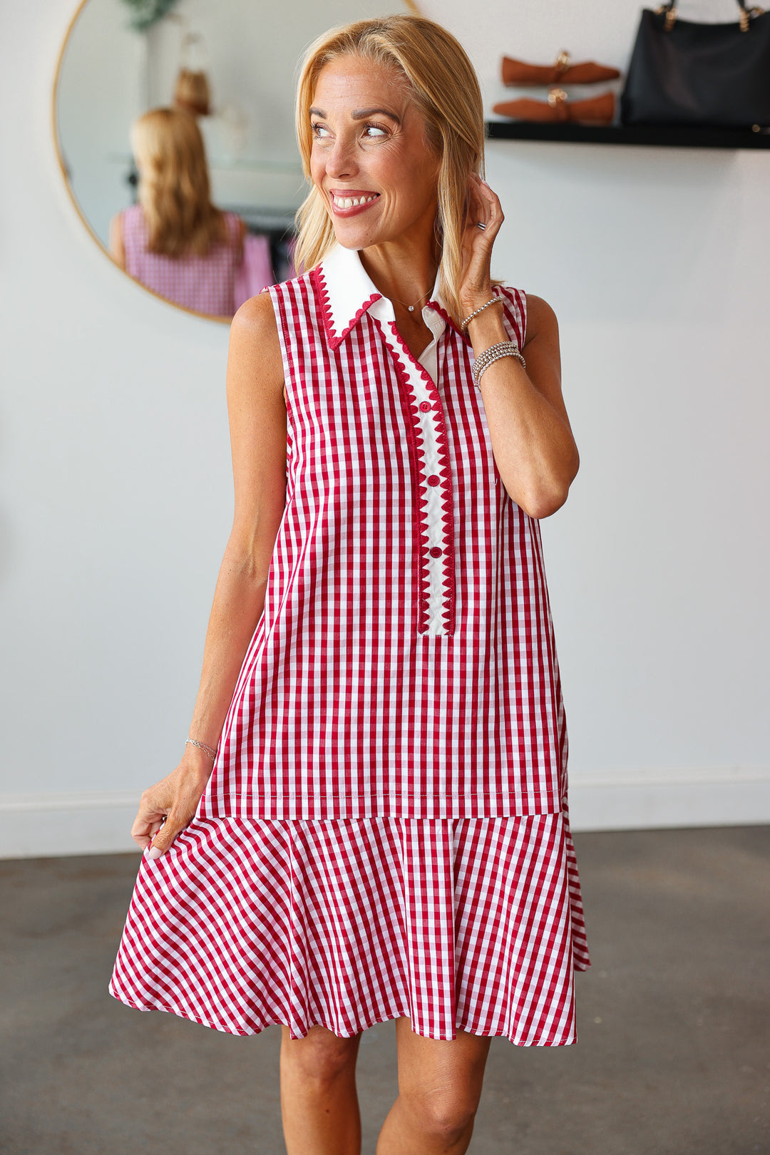 Gingham Ruffle Hem Dress - Red