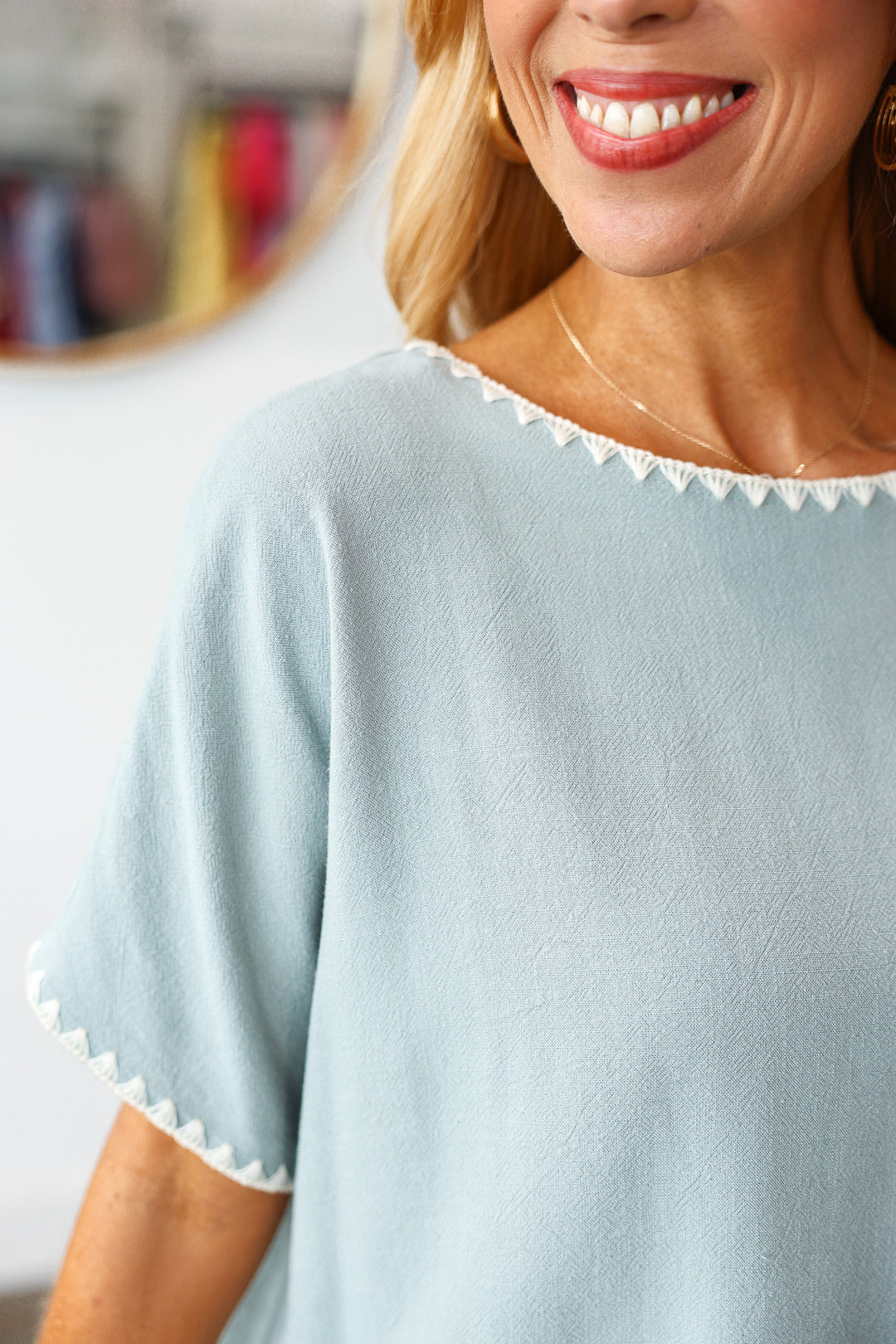 Embroidered Trim Top - Sage Blue