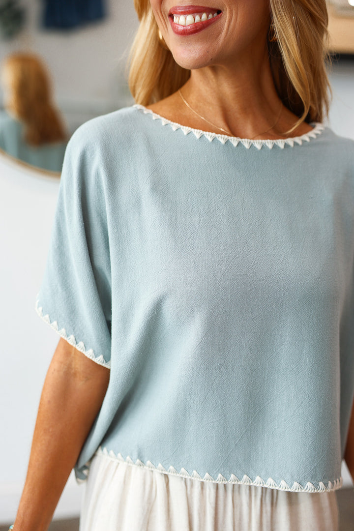 Embroidered Trim Top - Sage Blue