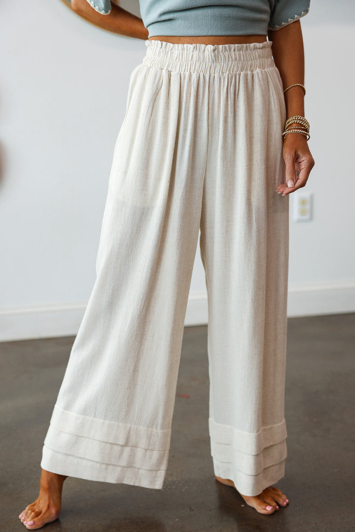 Tiered Hem Wide Leg Pants - Natural