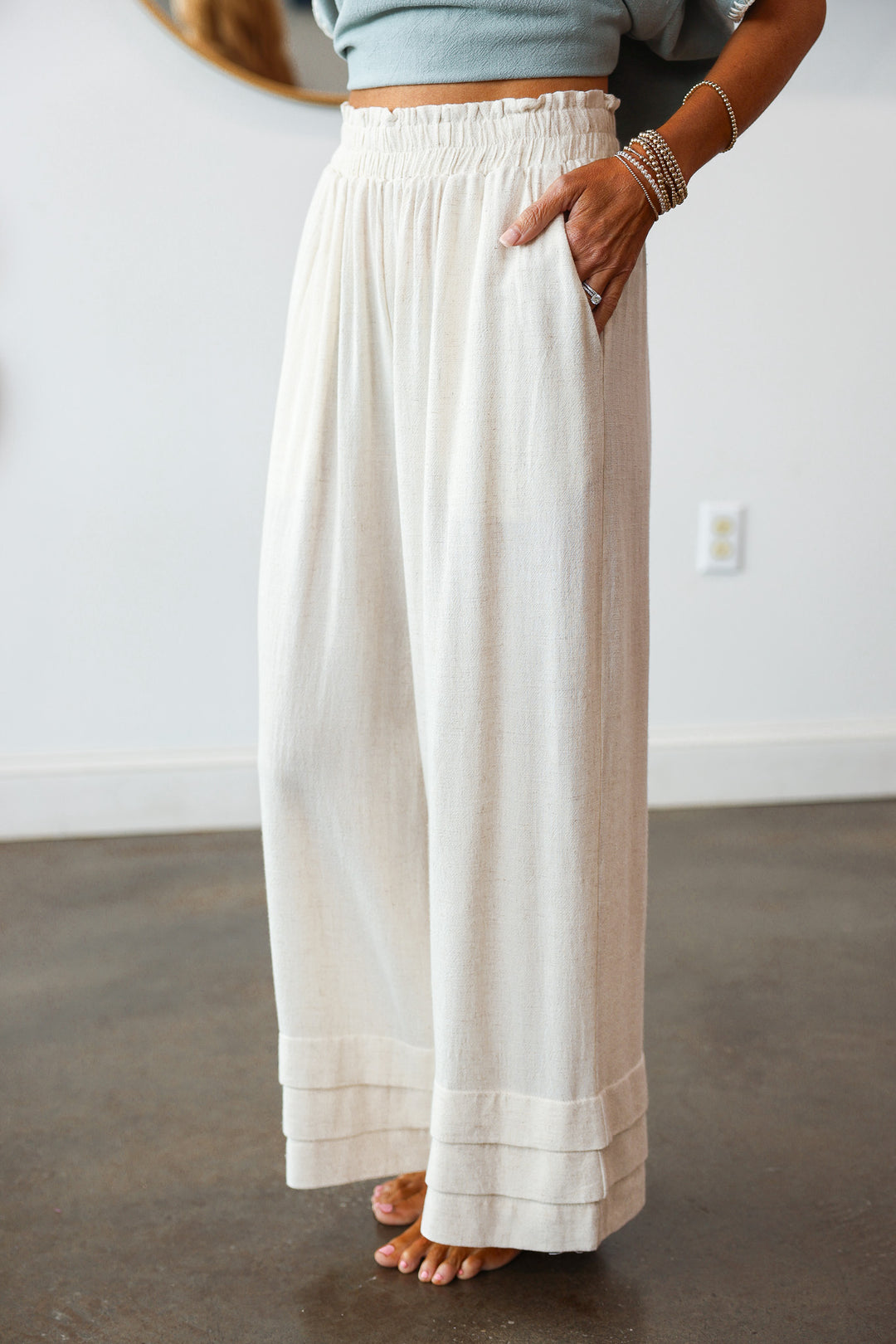 Tiered Hem Wide Leg Pants - Natural