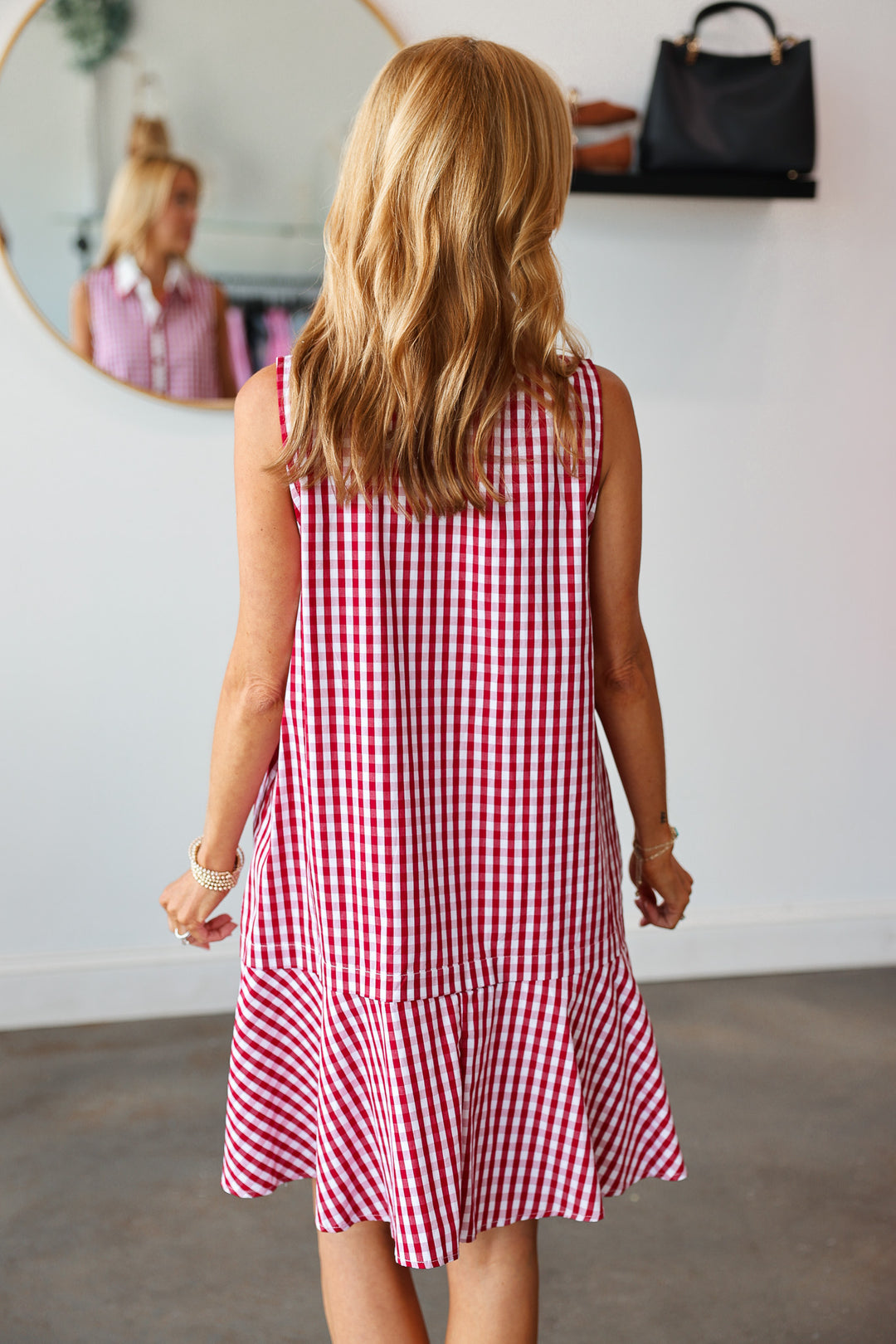 Gingham Ruffle Hem Dress - Red