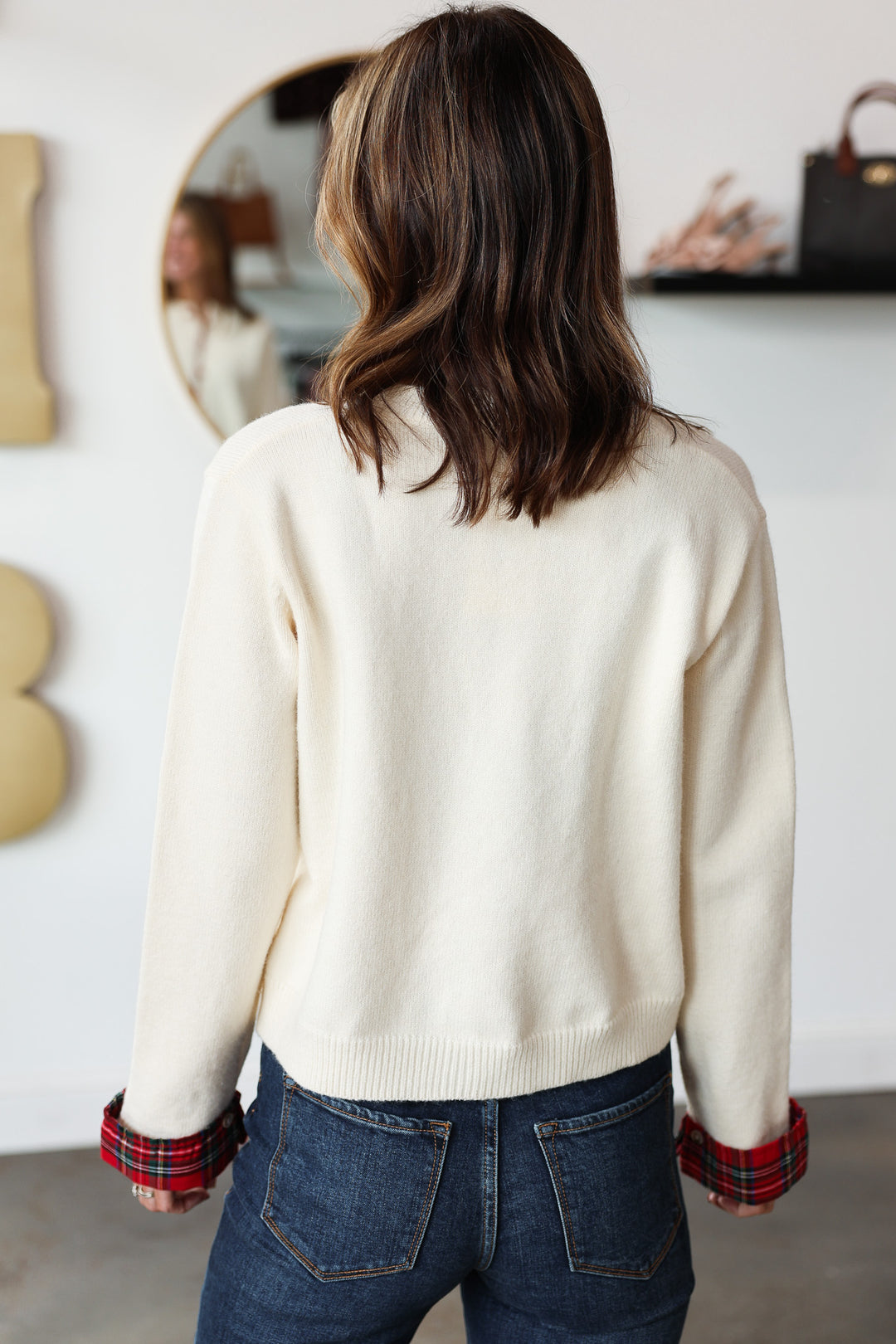 Plaid Trim Sweater - Cream