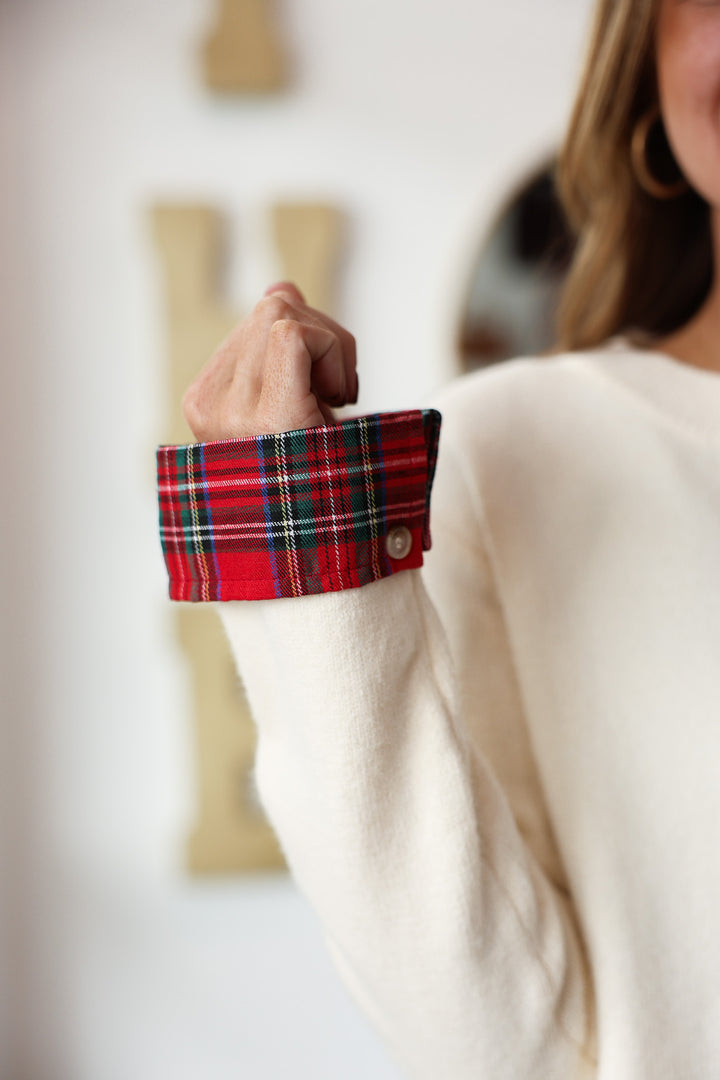 Plaid Trim Sweater - Cream