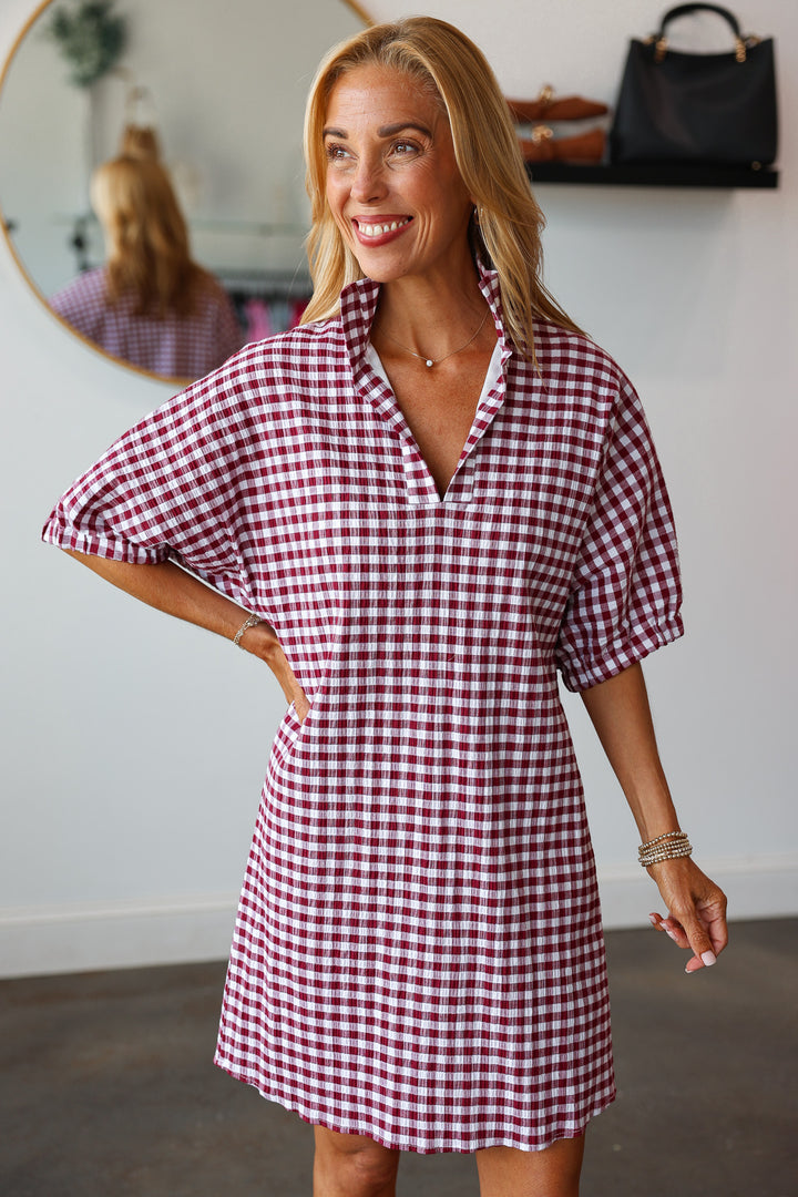 Gingham Drop Shoulder Dress - Burgundy