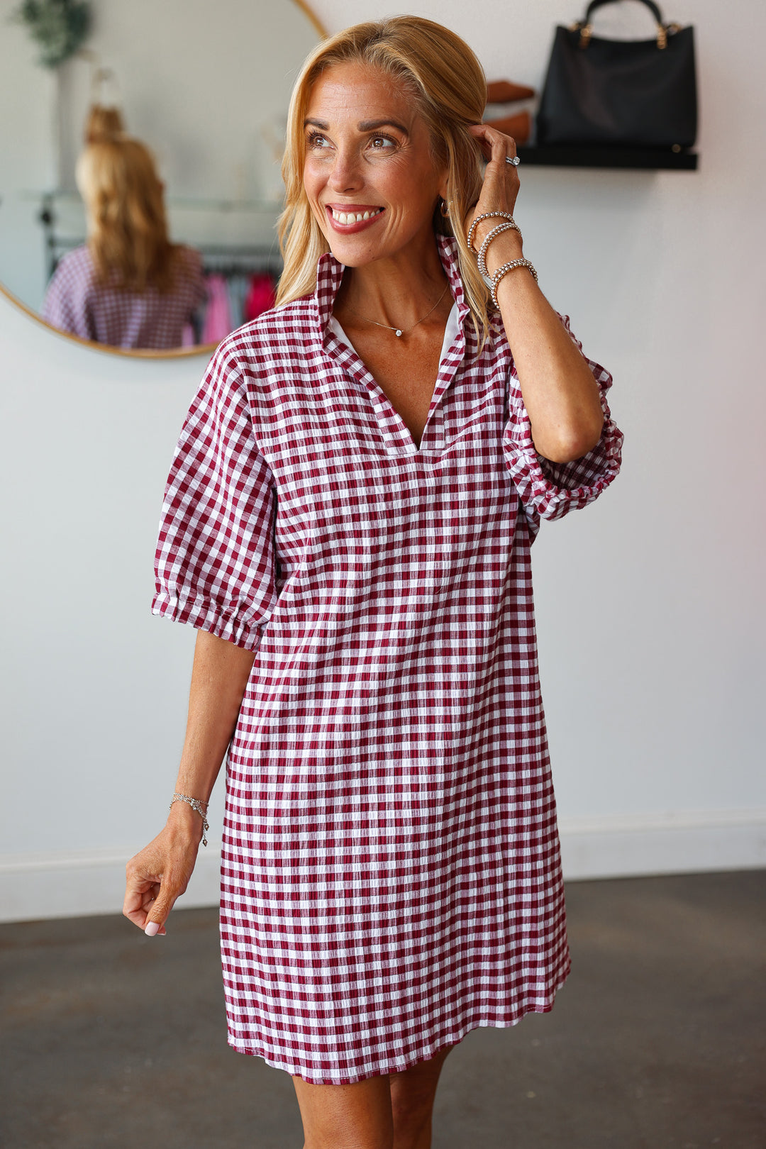 Gingham Drop Shoulder Dress - Burgundy