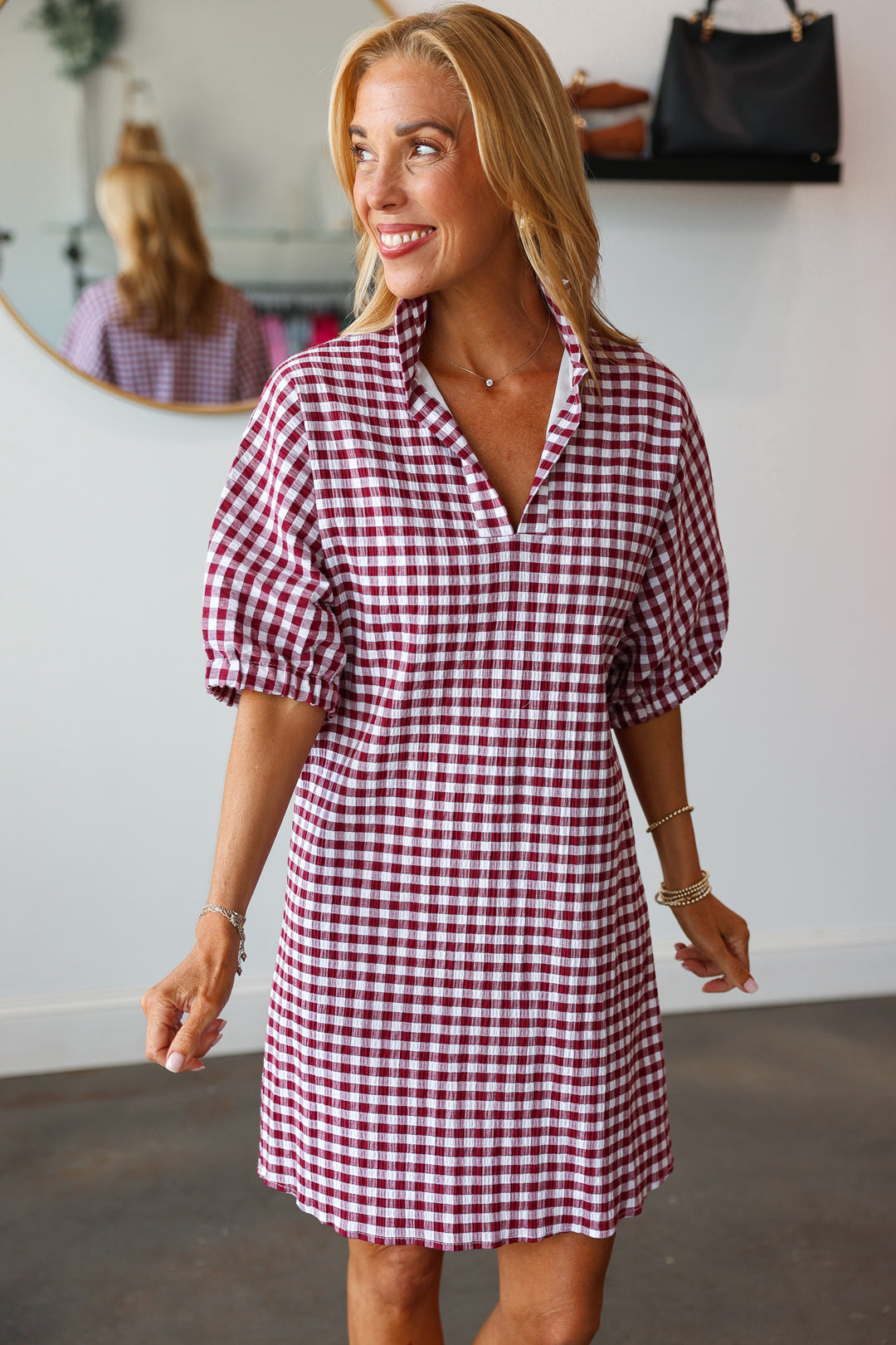 Gingham Drop Shoulder Dress - Burgundy