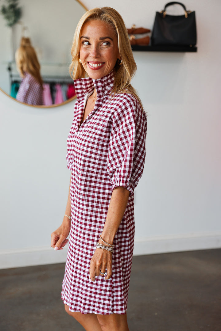 Gingham Drop Shoulder Dress - Burgundy