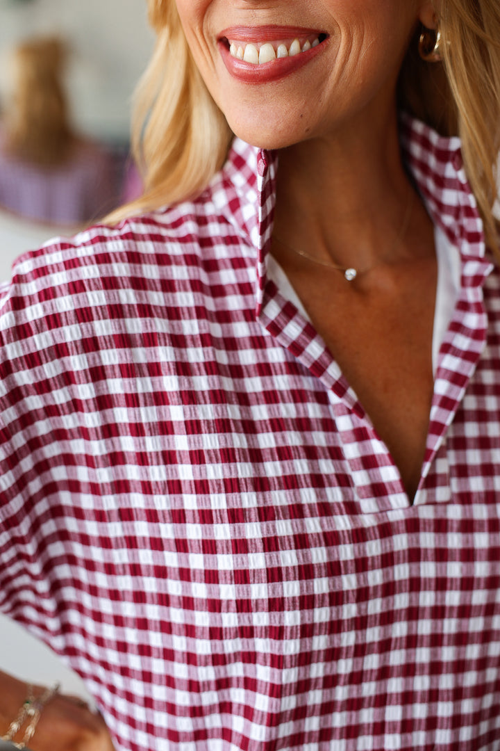 Gingham Drop Shoulder Dress - Burgundy