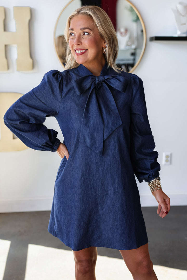 Tie Neck Dress - Dark Denim