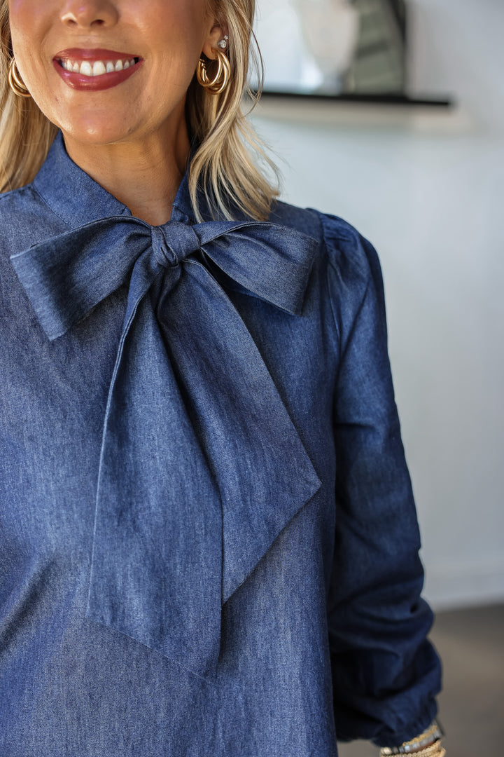 Tie Neck Dress - Dark Denim