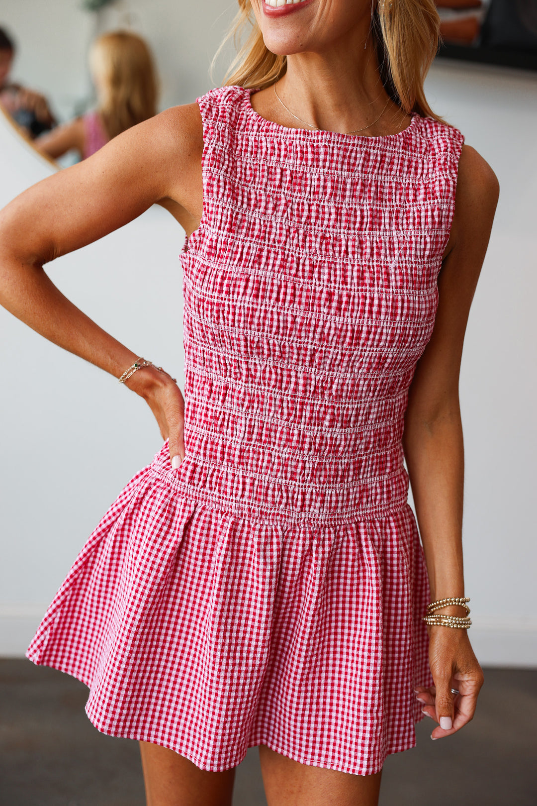 Smocked Gingham Romper - Red