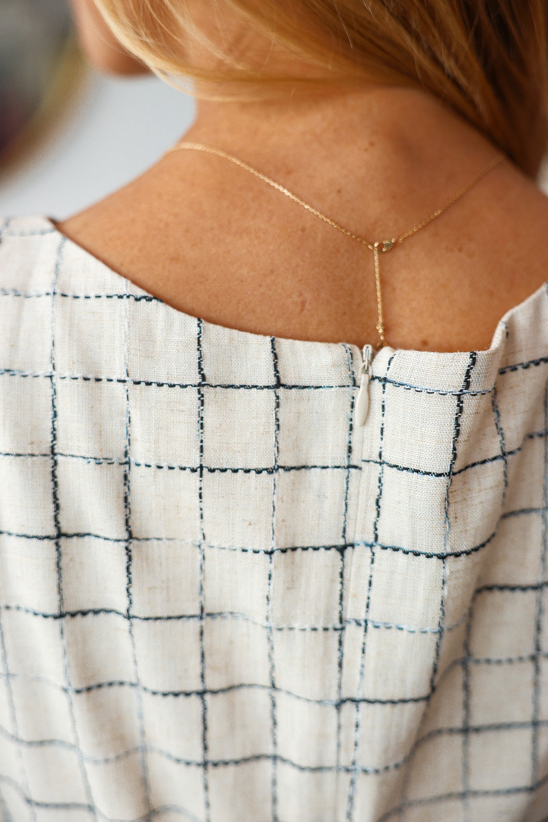 Grid Pattern Mini Dress - Natural