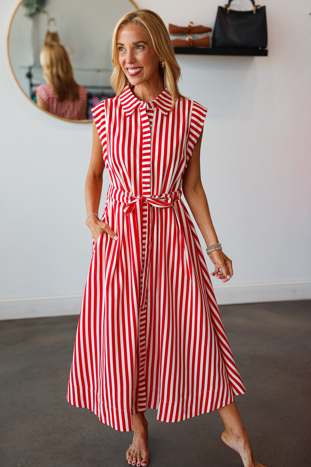 Striped Midi Dress - Red