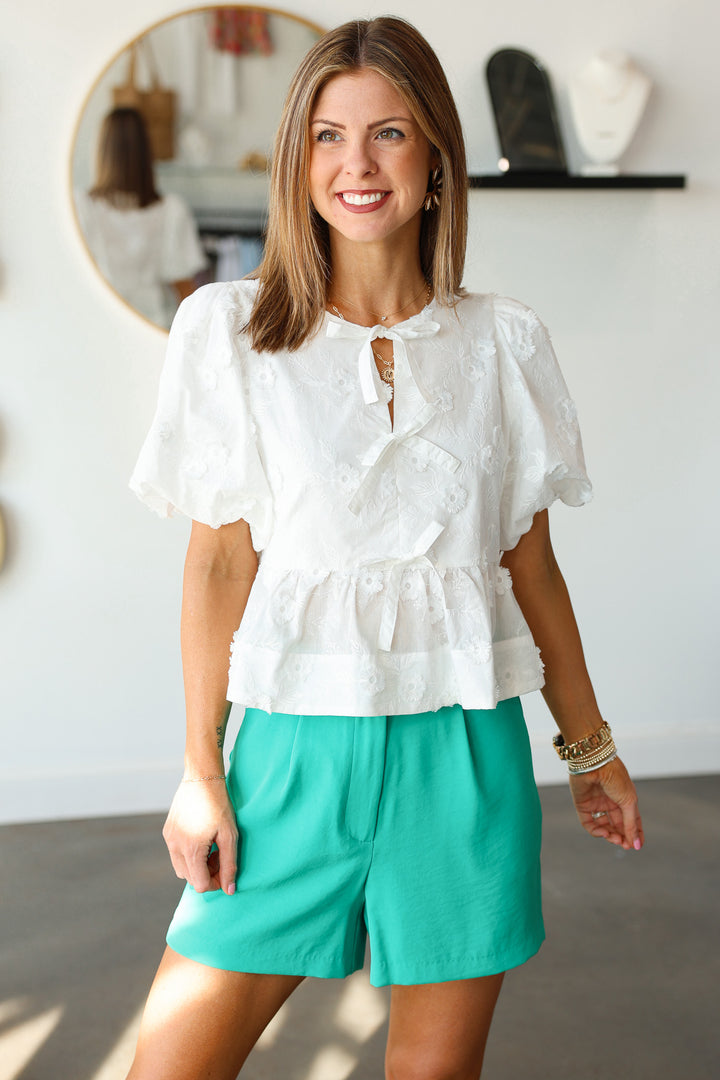 Bow Front Floral Textured Top - White