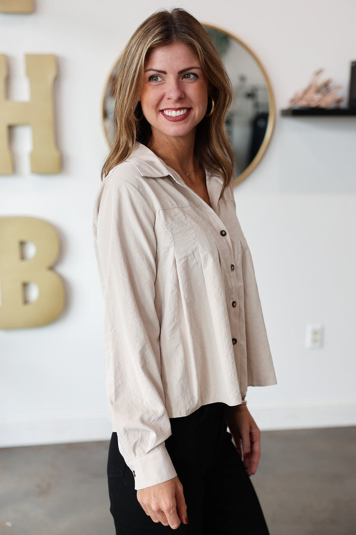 Pleated Button Up Top - Taupe