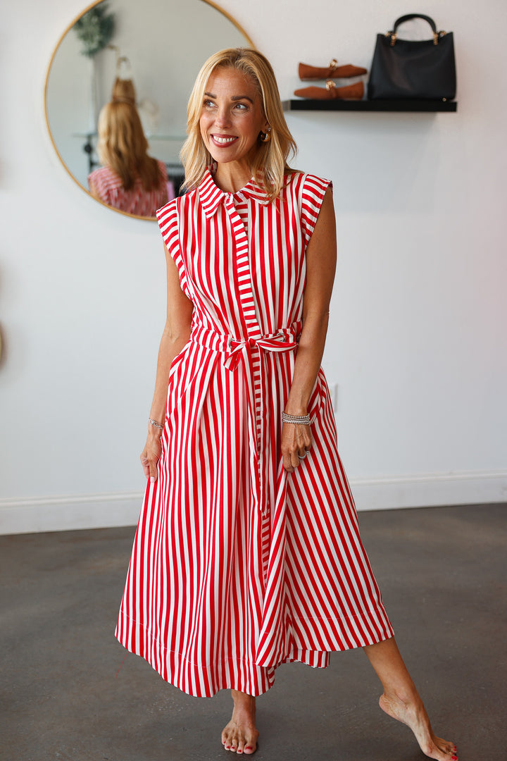 Striped Midi Dress - Red