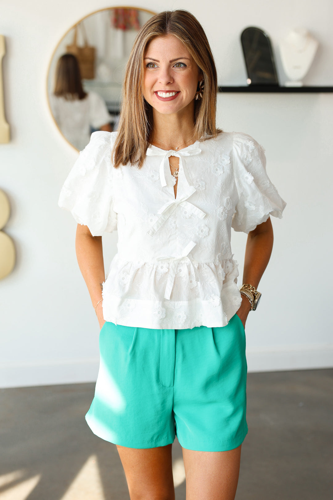 Bow Front Floral Textured Top - White