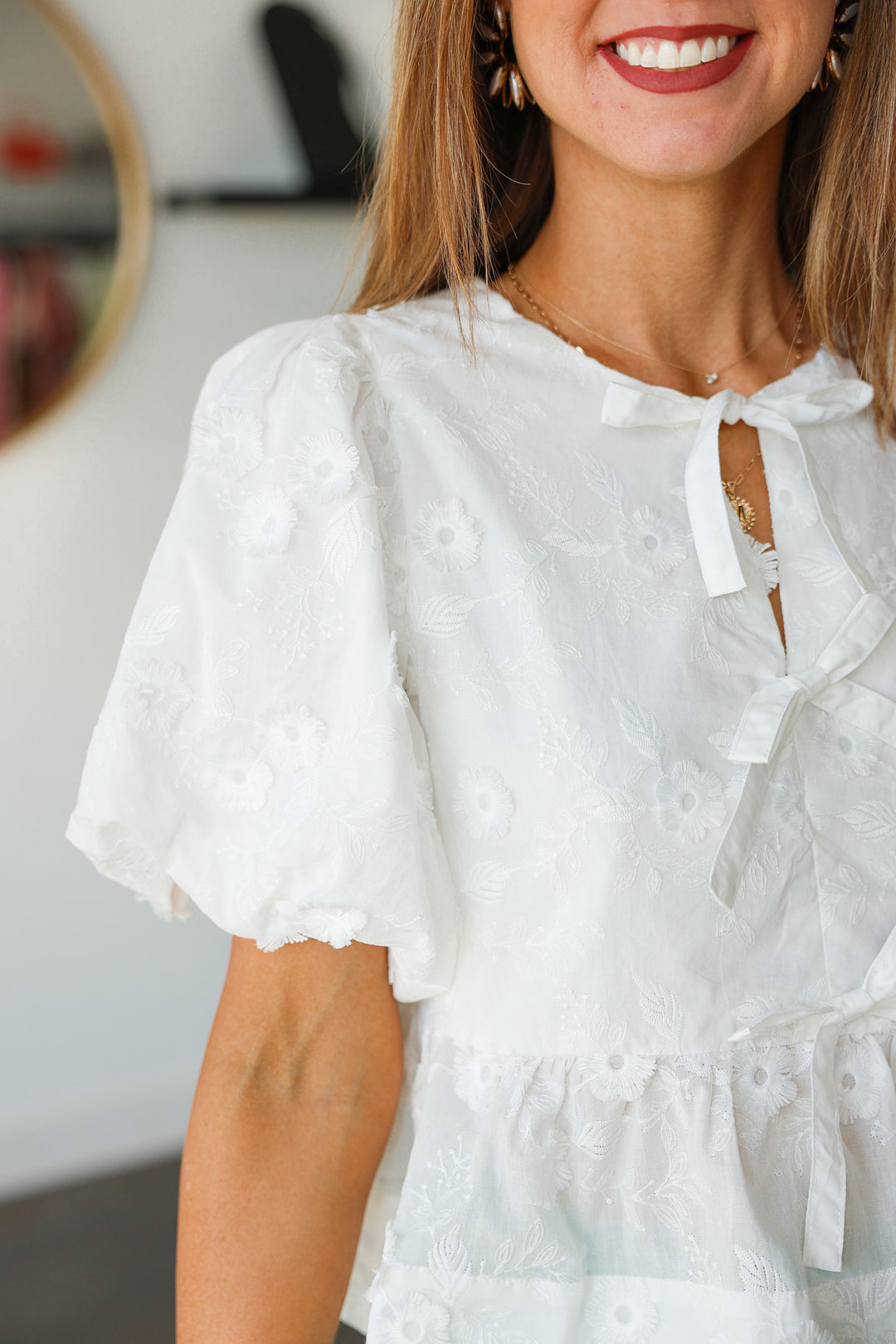 Bow Front Floral Textured Top - White