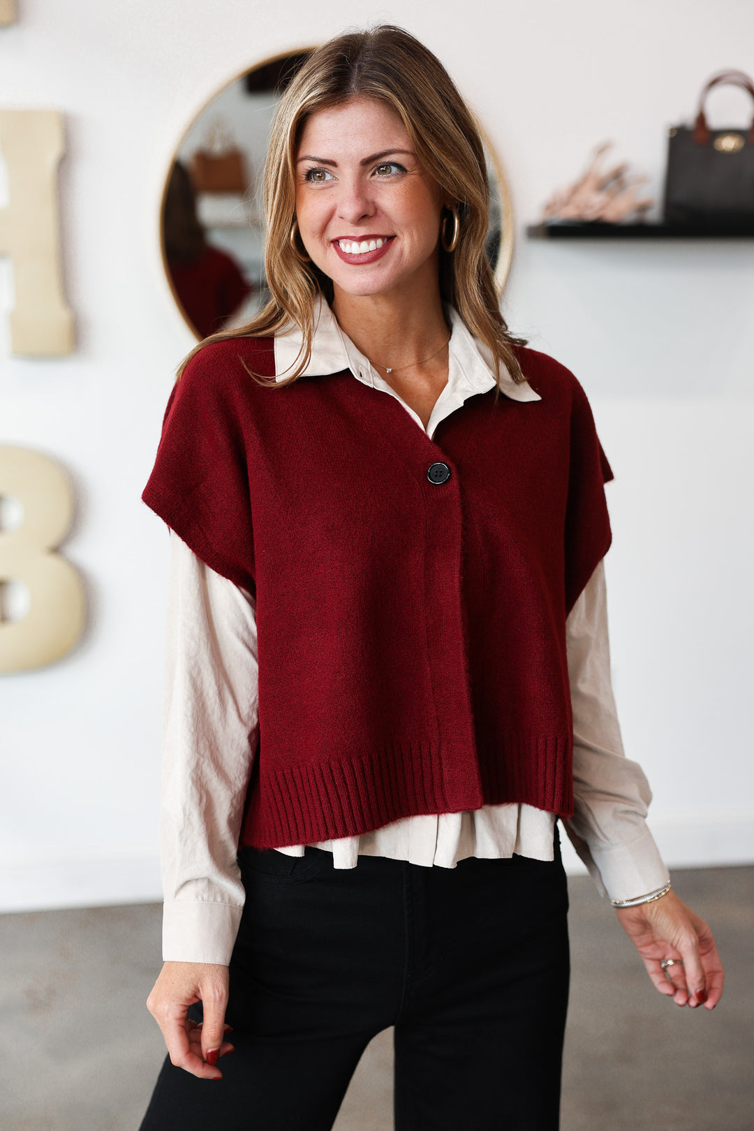 Single Button Sweater Vest - Burgundy