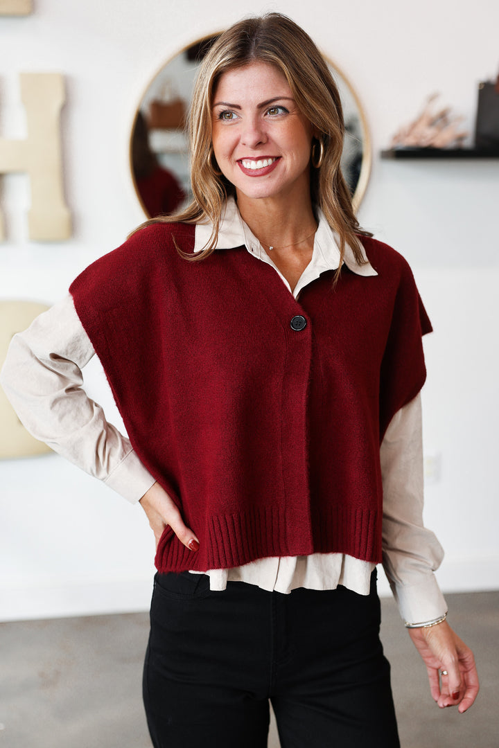 Single Button Sweater Vest - Burgundy