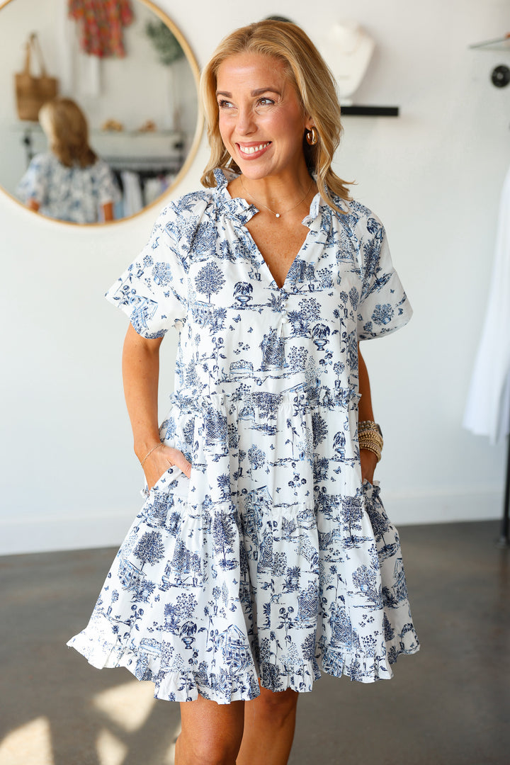 Toile Printed Tiered Dress