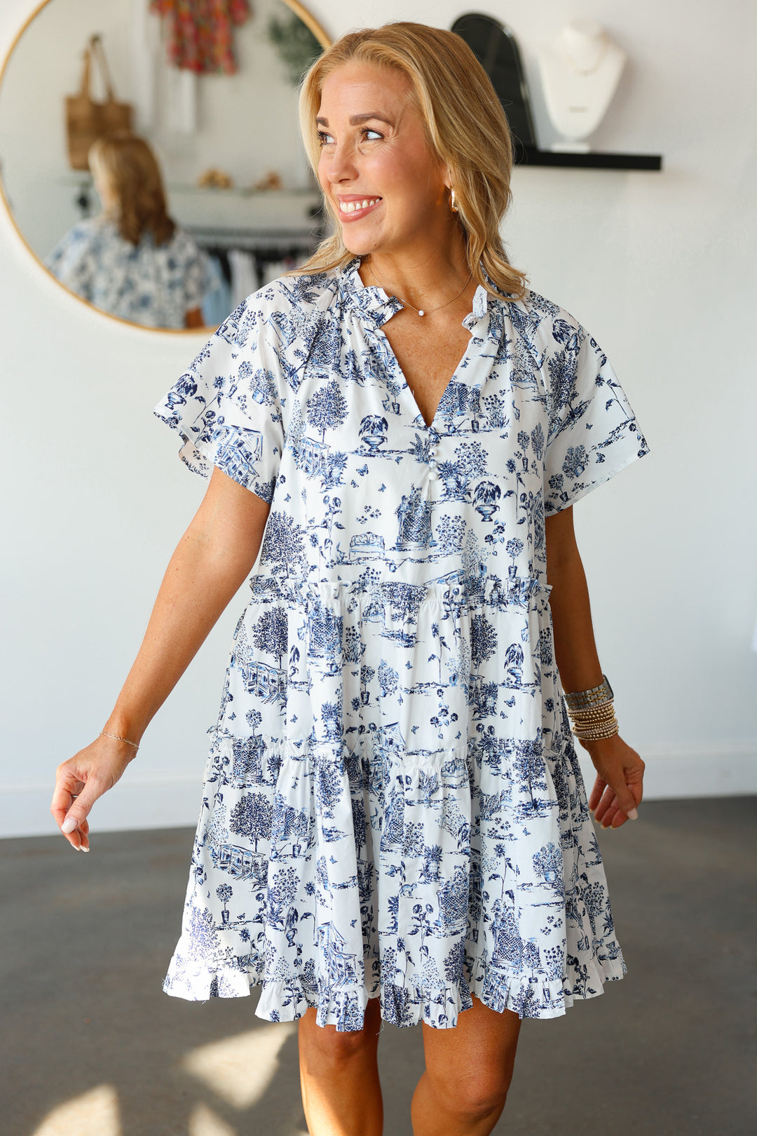 Toile Printed Tiered Dress