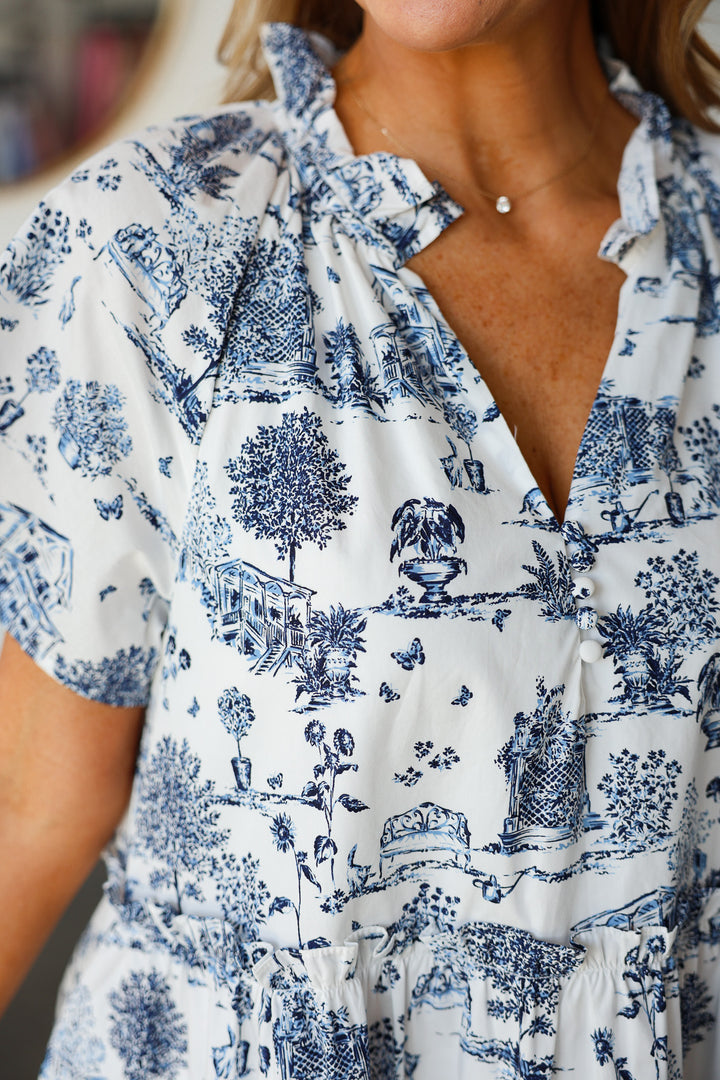 Toile Printed Tiered Dress
