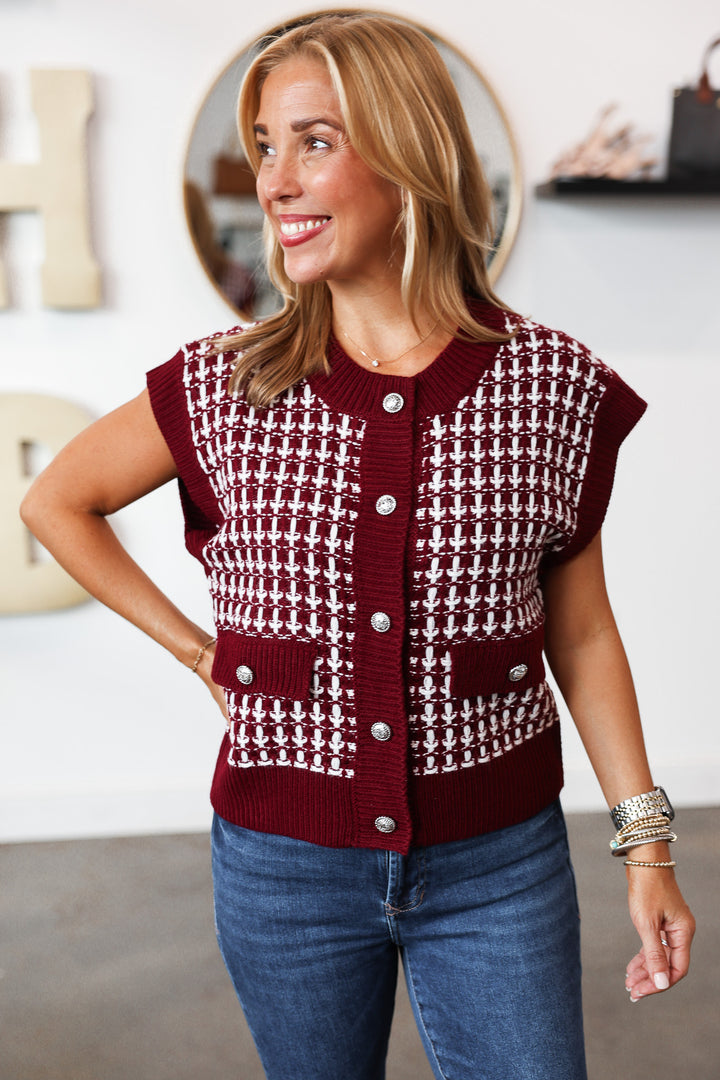 Button Front Sweater Vest - Burgundy