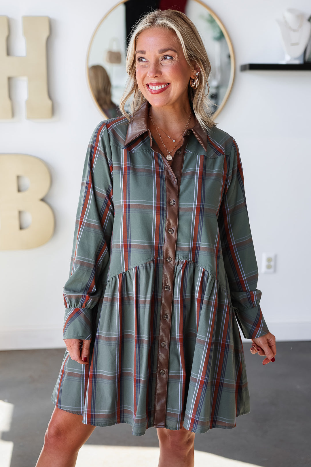 Leather Trim Plaid Dress