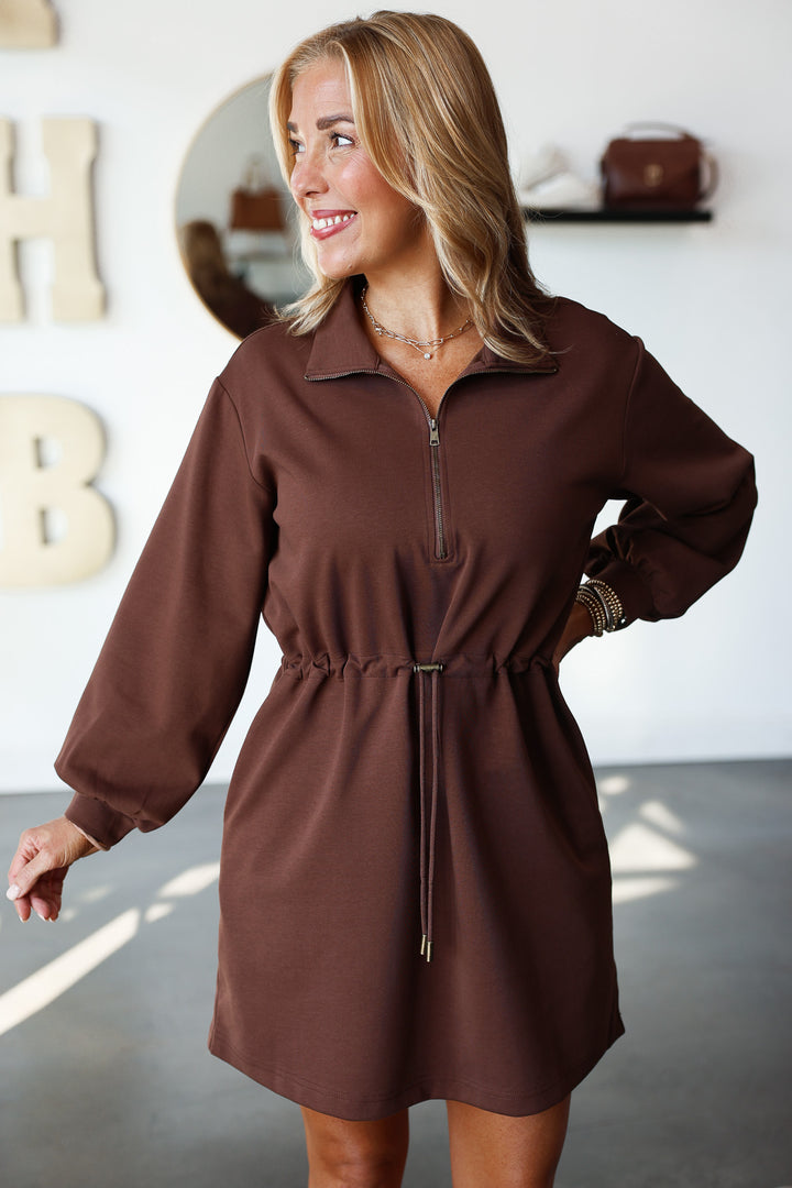 Long Sleeve Cinch Waist Dress - Coffee