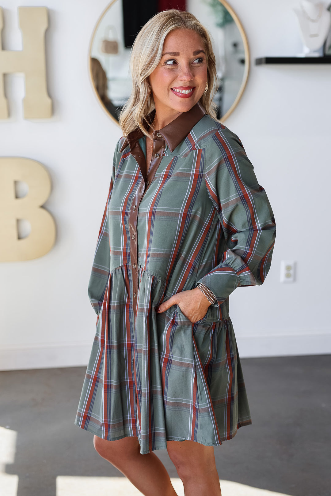 Leather Trim Plaid Dress