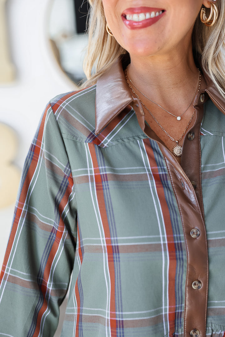 Leather Trim Plaid Dress