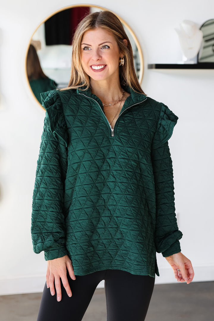 Flutter Sleeve Quilted Pullover - Green