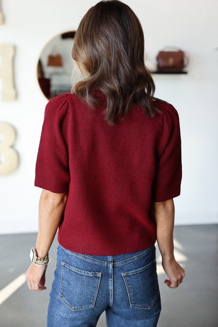 Embroidered Short Sleeve Sweater - Burgundy