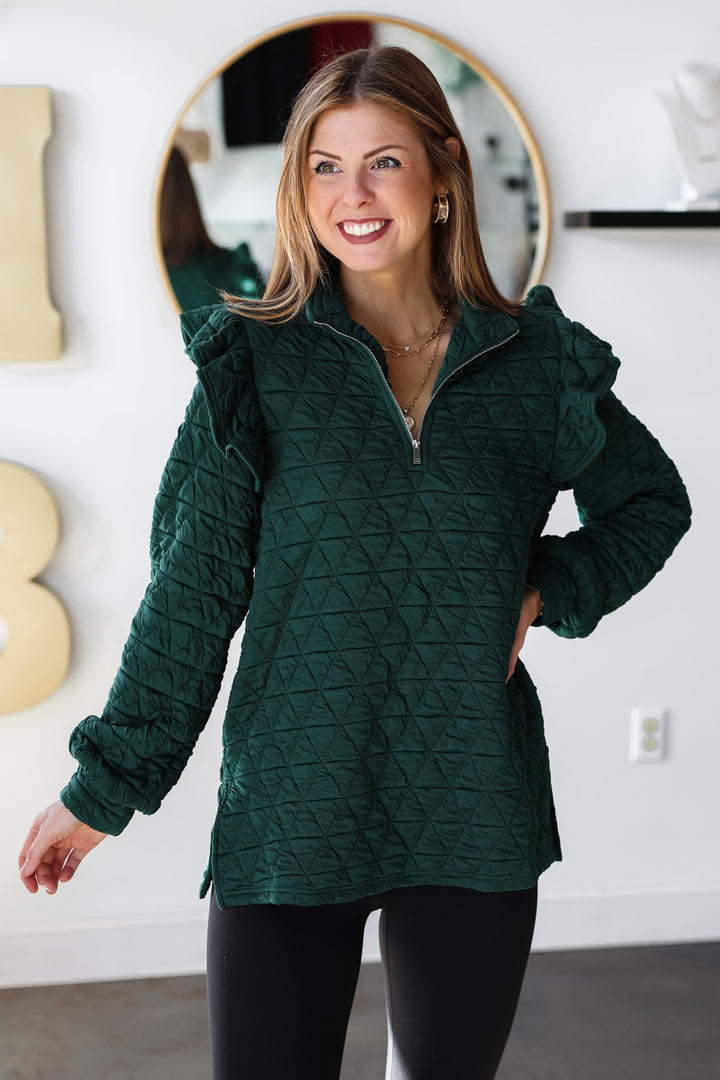 Flutter Sleeve Quilted Pullover - Green