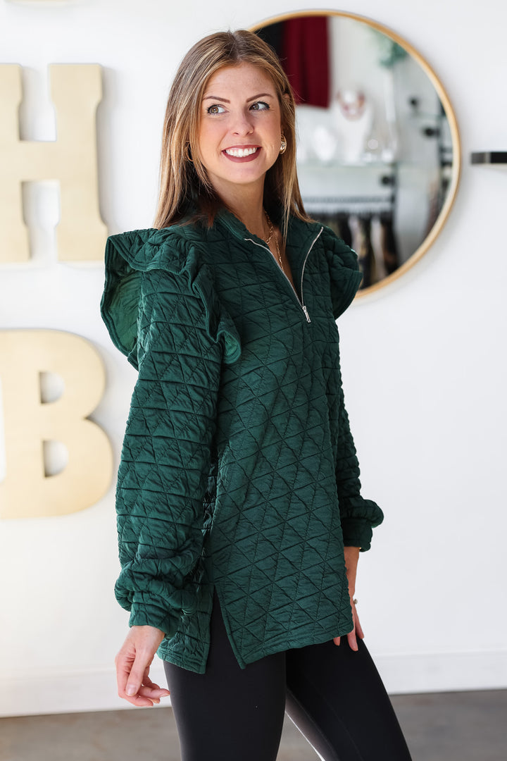 Flutter Sleeve Quilted Pullover - Green