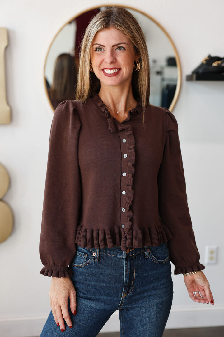 Ruffle Trim Sweater Cardigan - Brown
