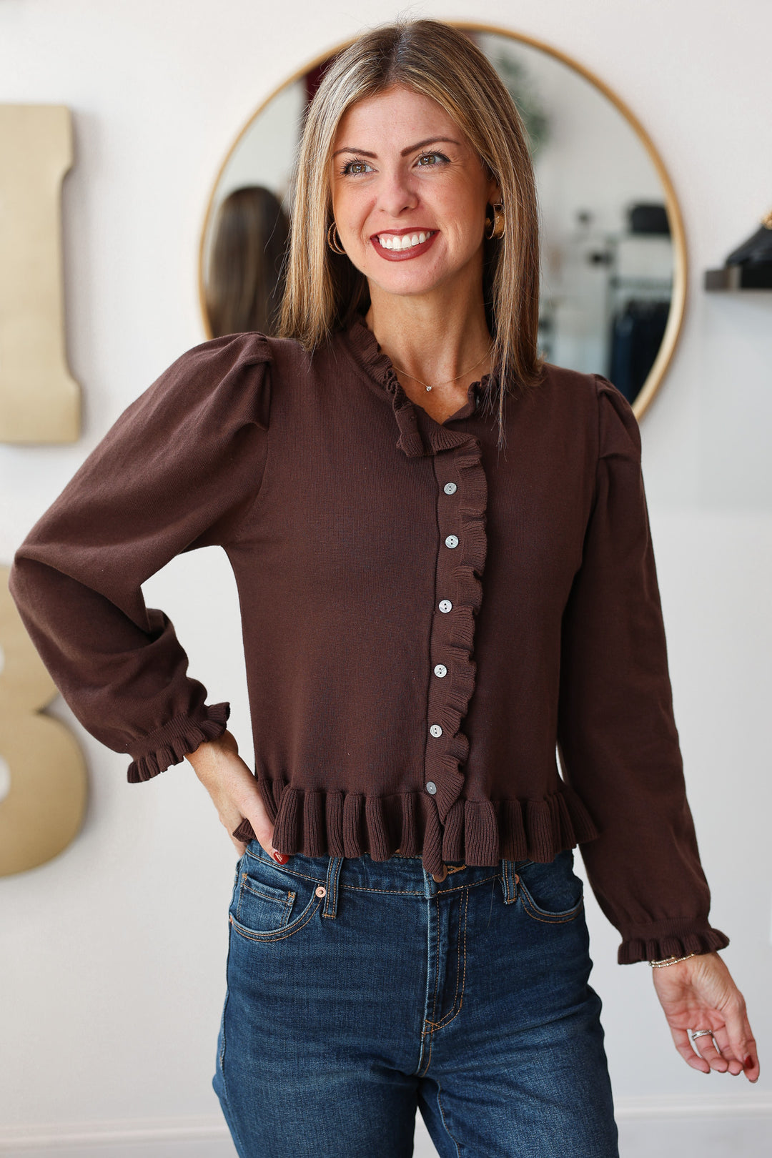 Ruffle Trim Sweater Cardigan - Brown