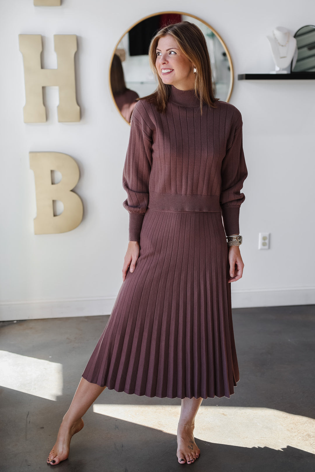 Textured Striped Sweater Set (Skirt) - Brown